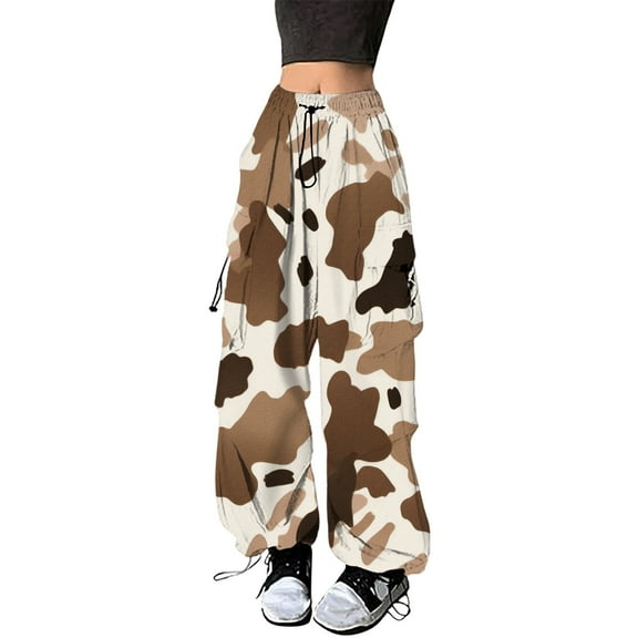Womens Baggy Cargo Camo Print Pants Streetwear Hop Joggers Sweatpants Drawstring Casual Loose Wide Leg Trousers