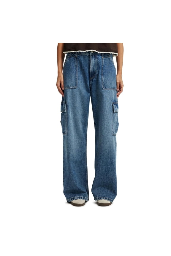 Womens Baggy Cargo Jeans, High Waist Straight Wide Leg Hip Hop Jeans, Teen Girls Vintage Boyfriends Denim Pants with Pockets Flare Bottom Jeans Light Blue S