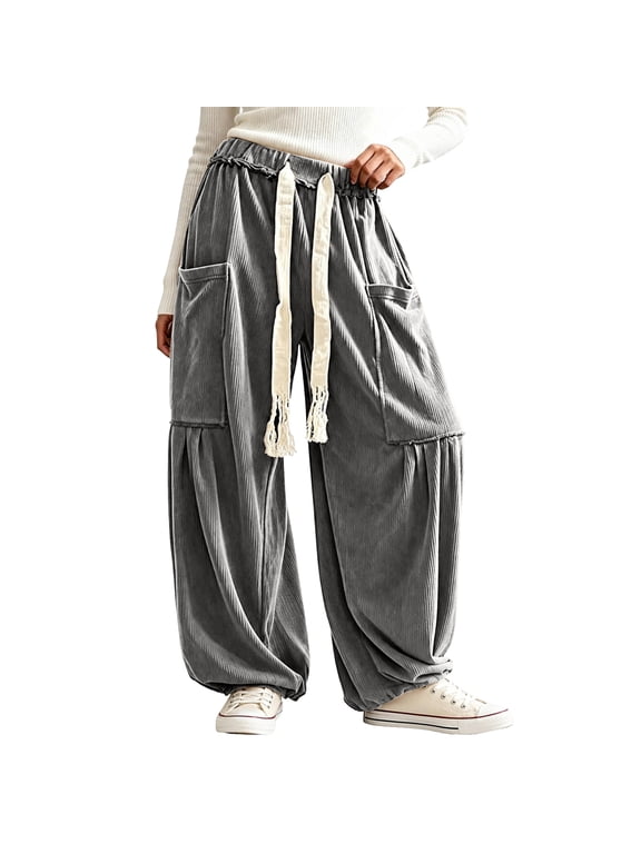 Womens Baggy Cargo Pants Drawstring Waist Wide Leg Trousers Bohemian Harem Pants with Big Pockets Casual Wear