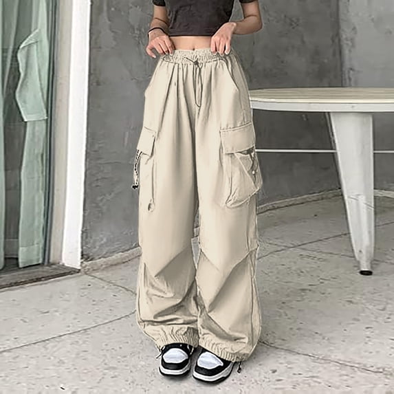 TYGHBN Womens Baggy Cargo Pants Streetwear Hop Joggers Sweatpants Drawstring Casual Loose Solid Color Wide Leg Trousers Womens Casual Pants Linen Travel Pants for Women Business Casual Clothes for