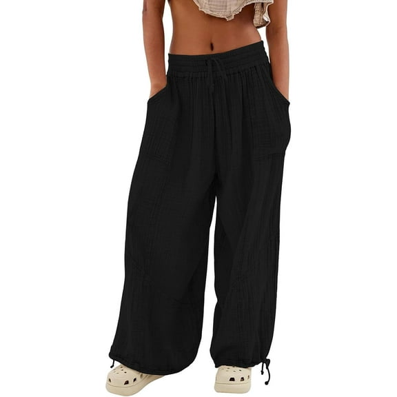 Womens Baggy Cargo Pants Wide Leg Drawstring Elastic High Waist Loose Parachute Pants Casual Patchwork Long Pants with Pocket