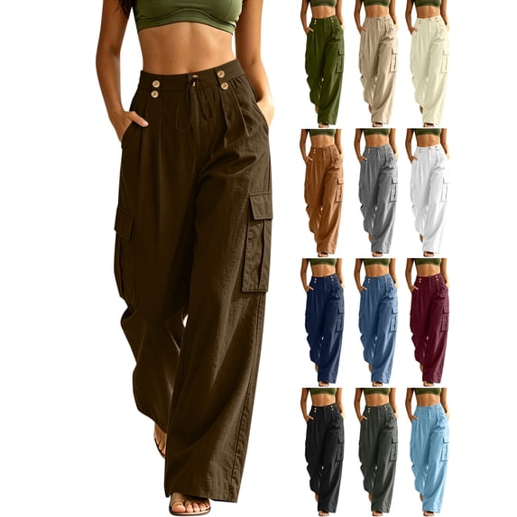 Womens Baggy Cargo Pants with Packets,Button Drawstring High Waist Loose Casual Wide Leg Pants for Light Outdoor Activities