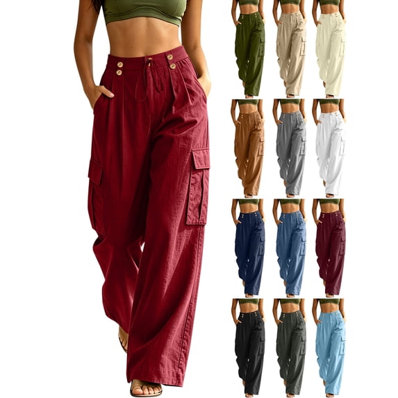 Womens Baggy Cargo Pants with Packets,Button Drawstring High Waist Loose Casual Wide Leg Pants for Light Outdoor Activities