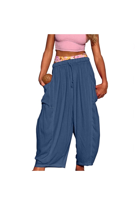 Womens Baggy Cotton Barrel Palazzo Harem Pants Casual Flowy Drawstring Wide Leg Pants with Pockets