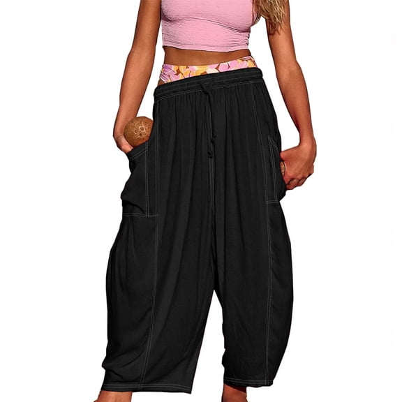 Womens Baggy Cotton Barrel Palazzo Harem Pants Casual Flowy Drawstring Wide Leg Pants with Pockets