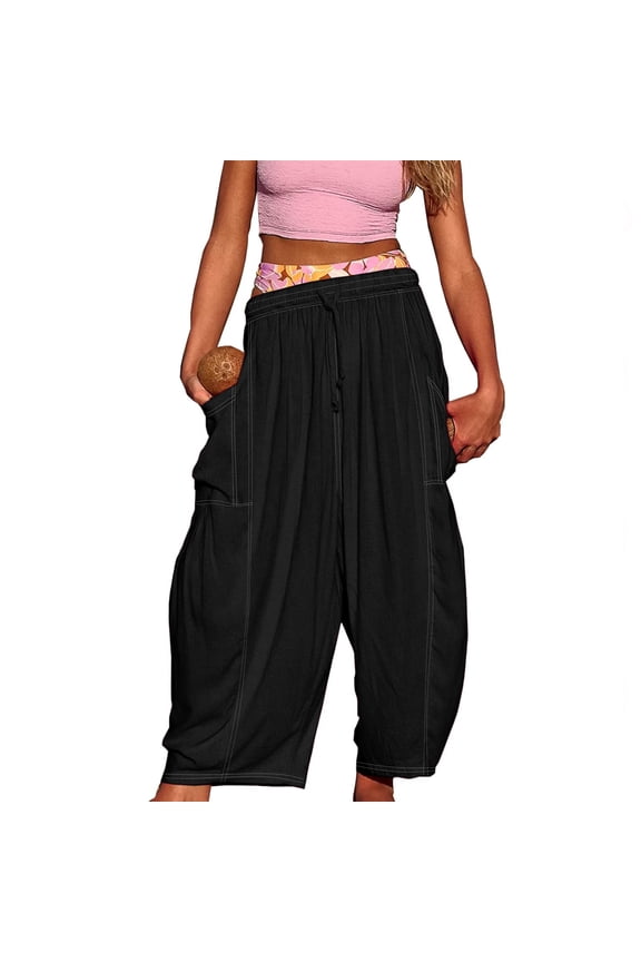 Womens Baggy Cotton Barrel Palazzo Harem Pants Casual Flowy Drawstring Wide Leg Pants with Pockets