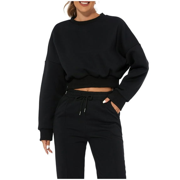 Womens Baggy Crop Sweatshirts with Cotton Fleece Lined Long Sleeve Crewneck Pullover Top Plain Sweatshirt No Hood (Small, Black)