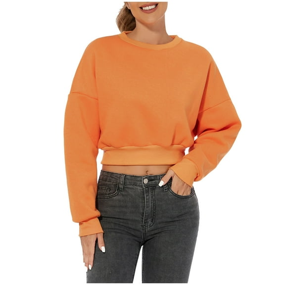 Womens Baggy Crop Sweatshirts with Cotton Fleece Lined Long Sleeve Crewneck Pullover Top Plain Sweatshirt No Hood (X-Large, Orange)