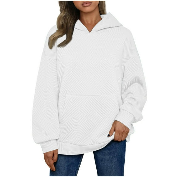 Womens Baggy Hoodies Plain Pullover Textured Casual Long Sleeve Hooded Sweatshirt Fall Winter Tops with Pocket (XL, White)