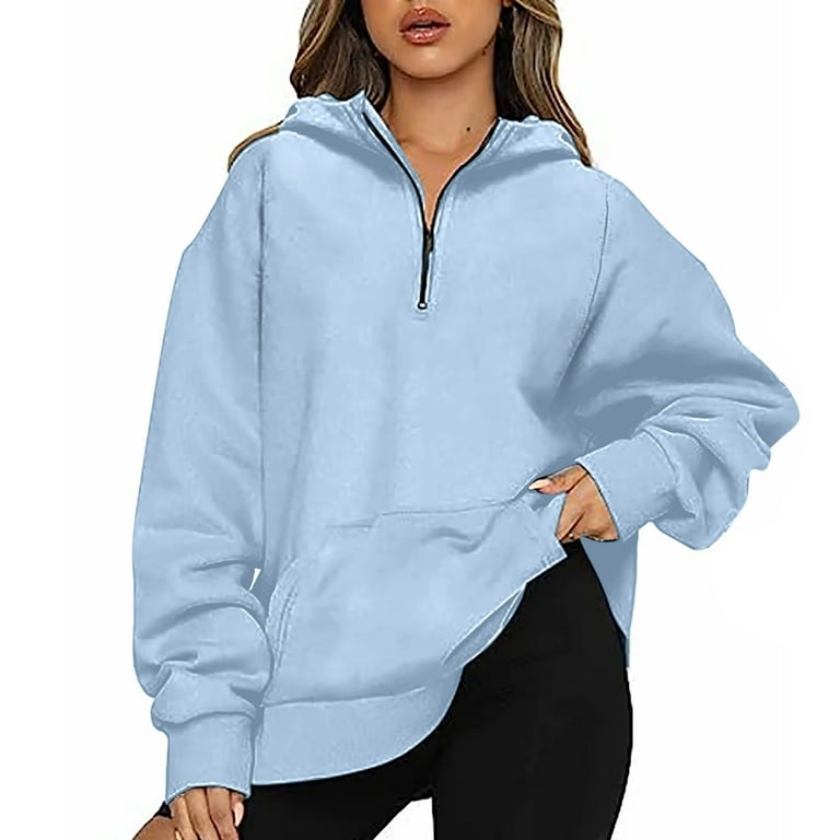 NEBZCIV Womens Baggy Hoodies Quarter Zip High Neck Sweatshirts with Pocket Long Sleeve Cozy Plain Pullover Sweater Tops X Large Light Blue Women s