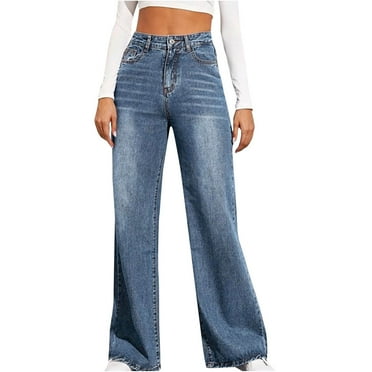 Womens Baggy Jeans Straight Wide Leg Denim Pants Stretch Jeans with Pockets Button Fly Jeans Casual Boyfriend Jeans Pant