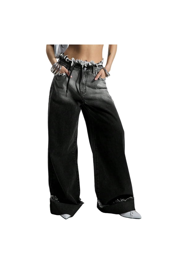 Womens Baggy Jeans Wide Leg Denim Pants Y2k 90s Vintage Hip Hop Loose Long Trousers Streetwear Black L