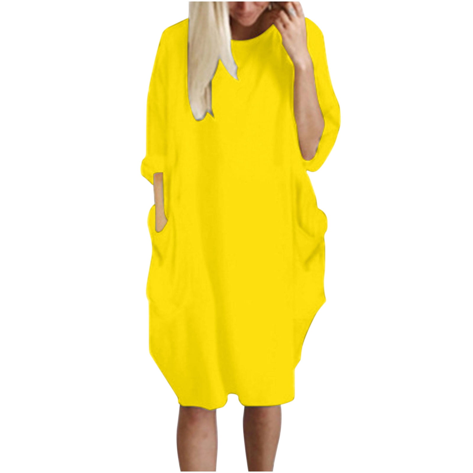 Womens Baggy Midi Dress Pullover Summer Casual Loose Fitting Dresses for Women Crew Neck Plus