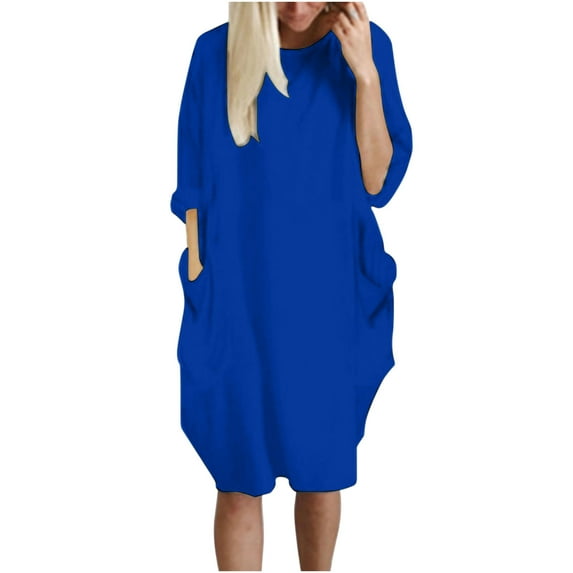 Womens Baggy Midi Dress Pullover Summer Casual Loose Fitting Dresses for Women Crew Neck Plus Size Dress with Pockets (X-Large, Blue)