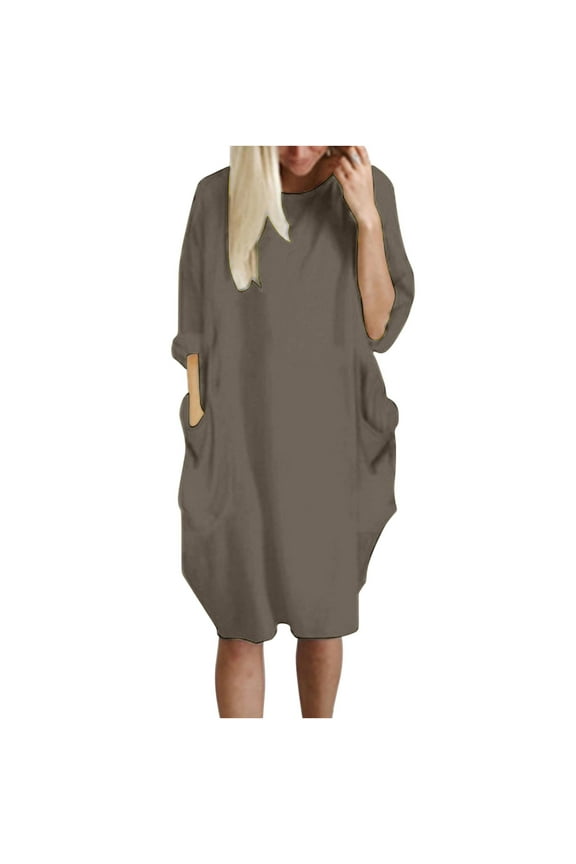 Womens Baggy Midi Dress Pullover Summer Casual Loose Fitting Dresses for Women Crew Neck Plus Size Dress with Pockets (X-Large, Brown)