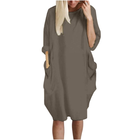 Womens Baggy Midi Dress Pullover Summer Casual Loose Fitting Dresses for Women Crew Neck Plus Size Dress with Pockets (XX-Large, Brown)