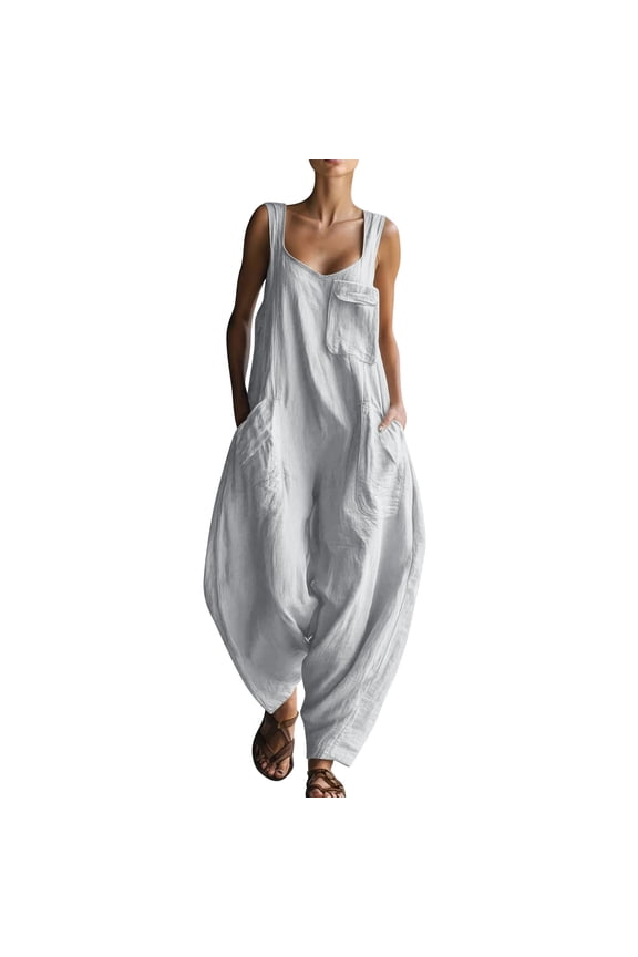 Womens Baggy Overalls Jumpsuits Sleeveless Oversized Wide Leg Rompers with Pockets Loose Casual One Piece Jumper White, S