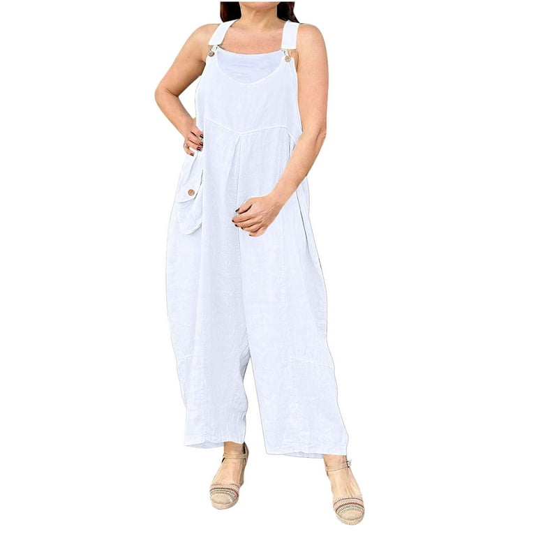 Womens Baggy Overalls Loose Casual Boho Linen Jumpsuit Wide Leg