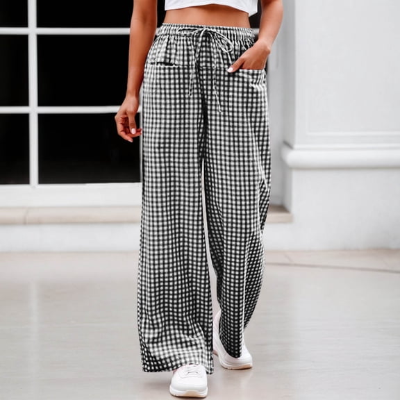 Womens Baggy Pants Girls Gingham Wide Leg Pants Elastic High Waist Drawstring Waist Loose Long Pants Plaid Prin Trousers(Black,M)