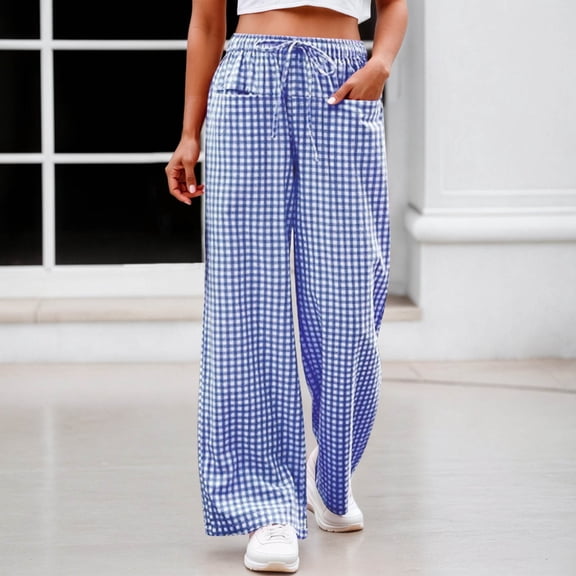 Womens Baggy Pants Girls Gingham Wide Leg Pants Elastic High Waist Drawstring Waist Loose Long Pants Plaid Prin Trousers(Blue,XL)