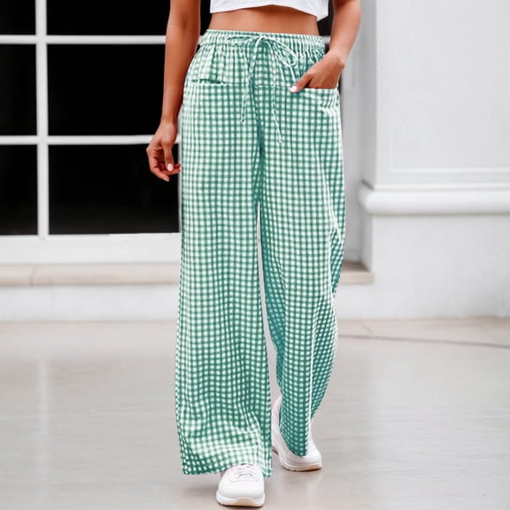 Womens Baggy Pants Girls Gingham Wide Leg Pants Elastic High Waist Drawstring Waist Loose Long Pants Plaid Prin Trousers(Green,XXL)