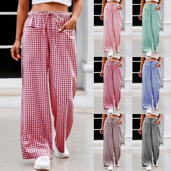 Womens Baggy Pants Girls Gingham Wide Leg Pants Elastic High Waist Drawstring Waist Loose Long Pants Plaid Prin Trousers(Pink,L)