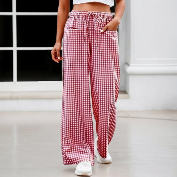 Womens Baggy Pants Girls Gingham Wide Leg Pants Elastic High Waist Drawstring Waist Loose Long Pants Plaid Prin Trousers(Red,M)