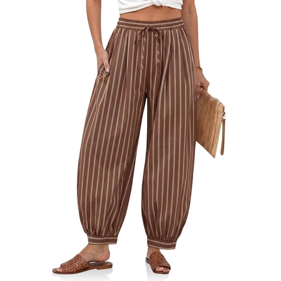Womens Baggy Pleated Harem Pants Summer Elastic High Waisted Wide Leg Balloon Cotton Lounge Pants 3XL