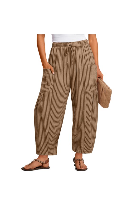 Womens Baggy Pleated Harem Pants Summer Striped Elastic High Waisted Wide Leg Balloon Cotton Linen Lounge Pants,Light Brown XXXL