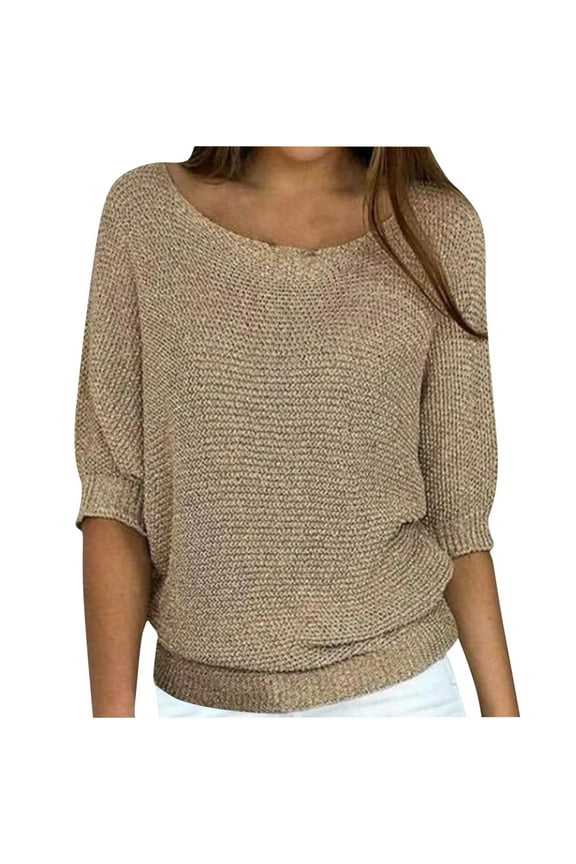 Womens Baggy Sweater Tops Round Neck Loose Fit 3/4 Sleeve Solid Color Knit Pullover Lightweight Blouses Plus Size (Medium, Khaki)