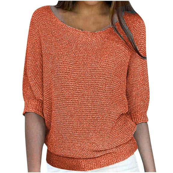 Womens Baggy Sweater Tops Round Neck Loose Fit 3/4 Sleeve Solid Color Knit Pullover Lightweight Blouses Plus Size (Medium, Orange)