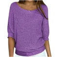 thumbnail image 1 of Womens Baggy Sweater Tops Round Neck Loose Fit 3/4 Sleeve Solid Color Knit Pullover Lightweight Blouses Plus Size (Small, Purple), 1 of 6