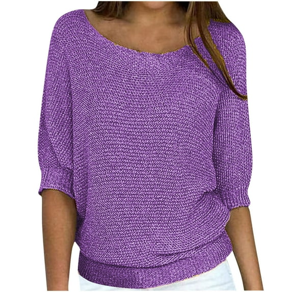 Womens Baggy Sweater Tops Round Neck Loose Fit 3/4 Sleeve Solid Color Knit Pullover Lightweight Blouses Plus Size (Small, Purple)