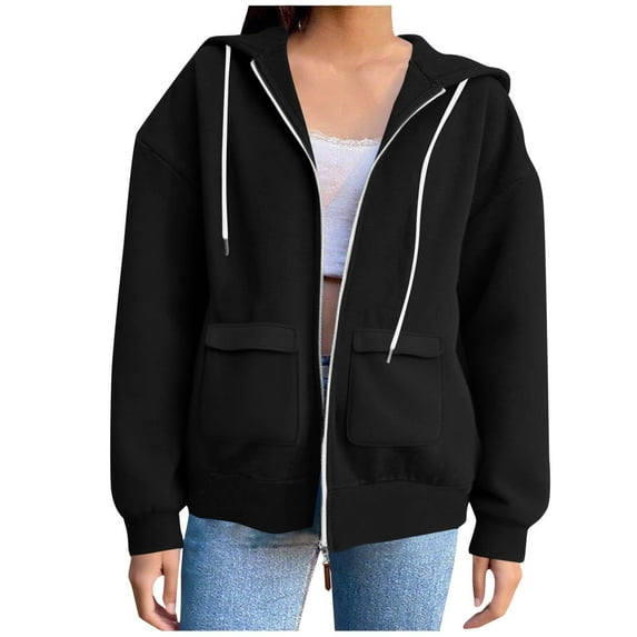 Womens Baggy Sweatshirt Jackets Cotton Fleece Flap Pockets Sport Casual Zip Up Hoodie Coat Fall Outerwear Clothes (L, Black)
