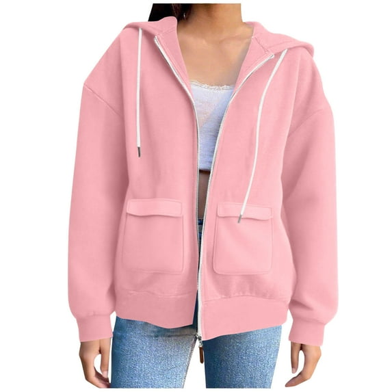 Womens Baggy Sweatshirt Jackets Cotton Fleece Flap Pockets Sport Casual Zip Up Hoodie Coat Fall Outerwear Clothes (L, Pink)