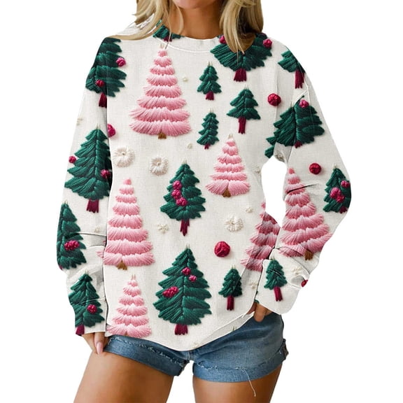 Womens Baggy Sweatshirts Christmas Clothes Printed Crewneck Pullover Long Sleeve Graphic Sweater Tops (XL, Pink)