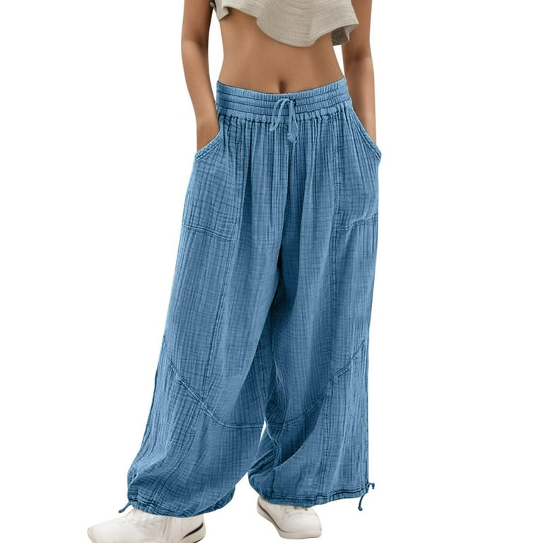 Womens Baggy Utility Pants Summer High Waisted Wide Leg Cargo Pants With  Pockets Summer Daily Female Trousers Blue M