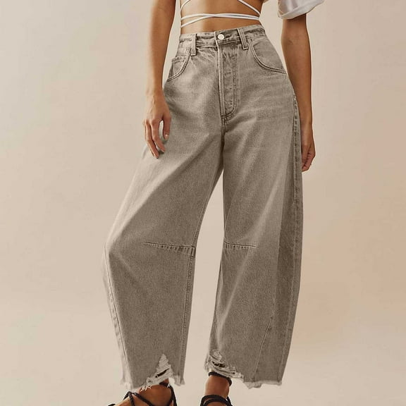 Womens Baggy Wide Leg Jeans Vintage High Rise Barrel Pants Plus Size Long Trousers with Pocket
