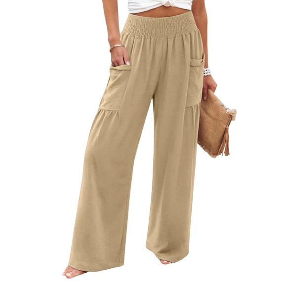 Womens Baggy Wide Leg Palazzo Pants Summer Casual Boho Smocked High Waist Lounge Trousers Beach Travel Vacation Pants S