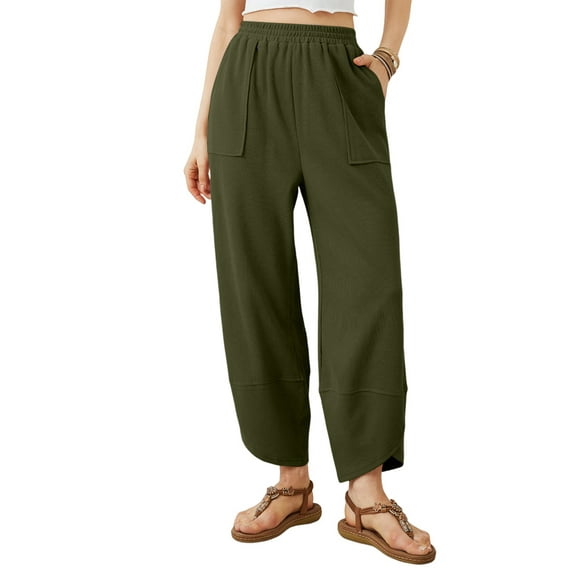 Womens Baggy Wide Leg Pants Casual Elastic Waisted Palazzo Harem Pants with Pockets Army Green M