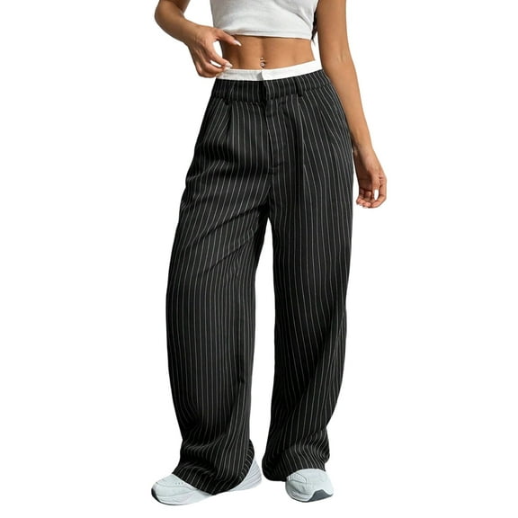 Womens Baggy Wide Leg Pants Casual Stripe Elastic Waisted Palazzo Harem Pants with Pockets Black M