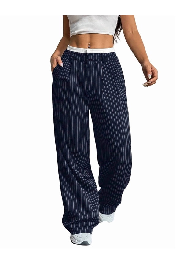Womens Baggy Wide Leg Pants Casual Stripe Elastic Waisted Palazzo Harem Pants with Pockets Navy Blue XL
