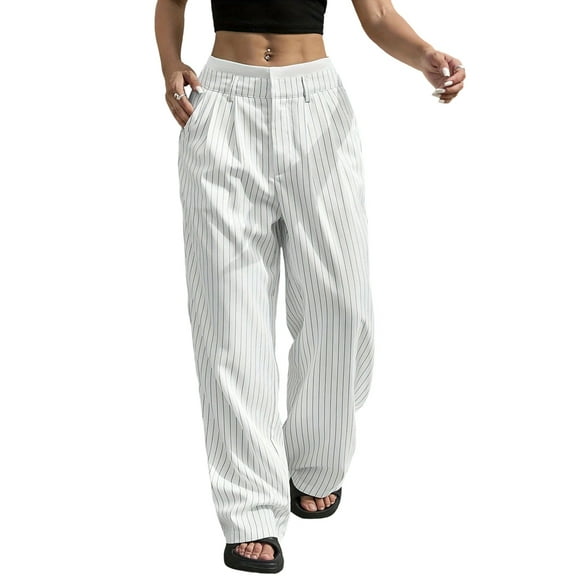 Womens Baggy Wide Leg Pants Casual Stripe Elastic Waisted Palazzo Harem Pants with Pockets White XL