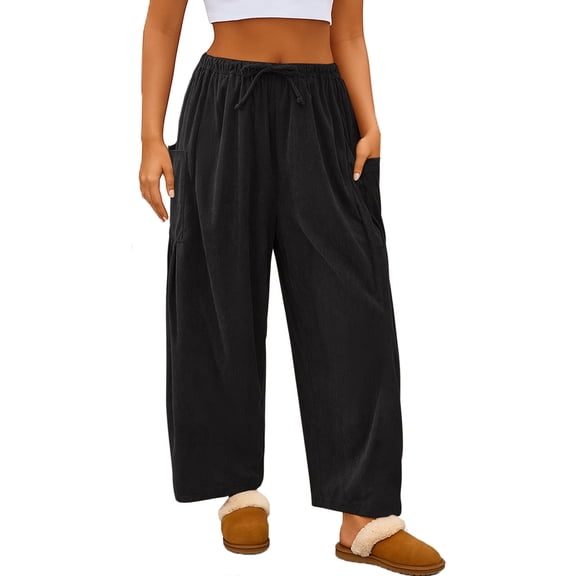 Womens Baggy Wide Leg Pants Corduroy Casual Drawstring Waist Palazzo Harem Pants with Pockets Black M