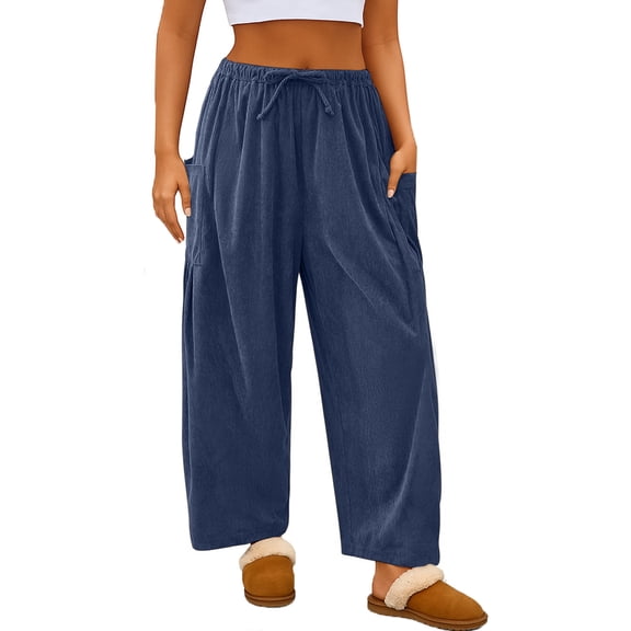 Womens Baggy Wide Leg Pants Corduroy Casual Drawstring Waist Palazzo Harem Pants with Pockets Navy M