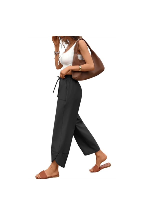 Womens Baggy Wide Leg Pants Drawstring Elastic Waisted Casual Cotton Linen Summer Beach Trousers Black S