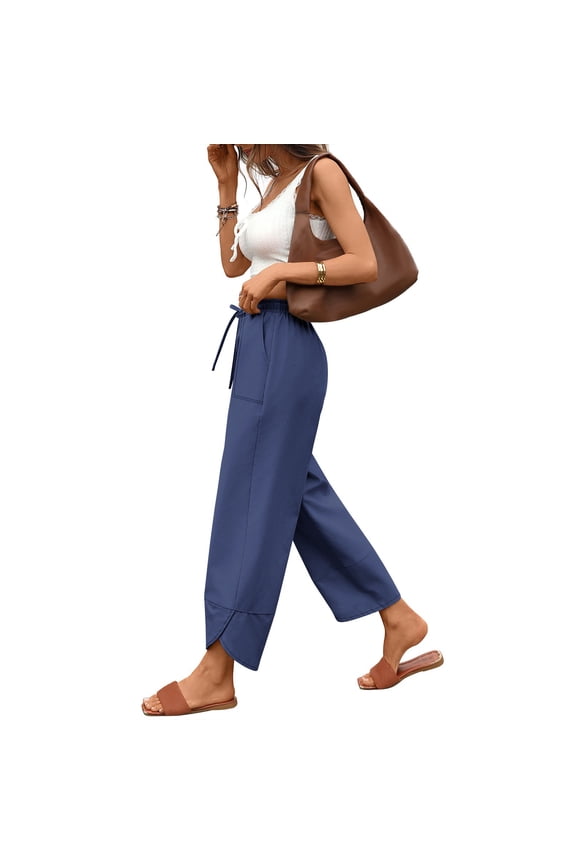 Womens Baggy Wide Leg Pants Drawstring Elastic Waisted Casual Cotton Linen Summer Beach Trousers Navy S