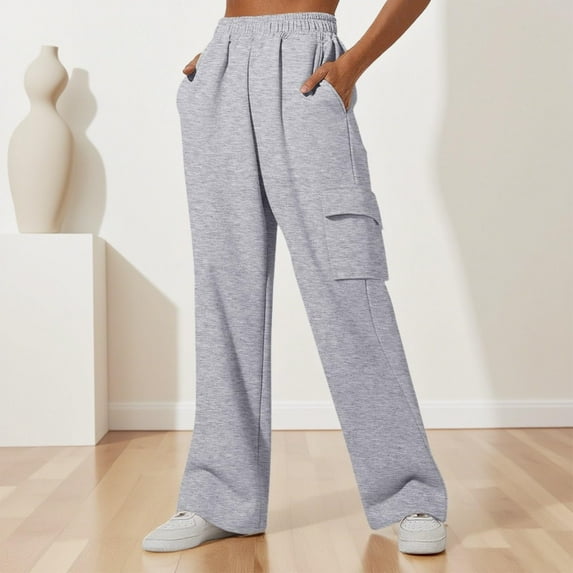 Womens Baggy Wide Leg Pants Summer Casual Elastic Waist Palazzo Pants with Pockets Gray L