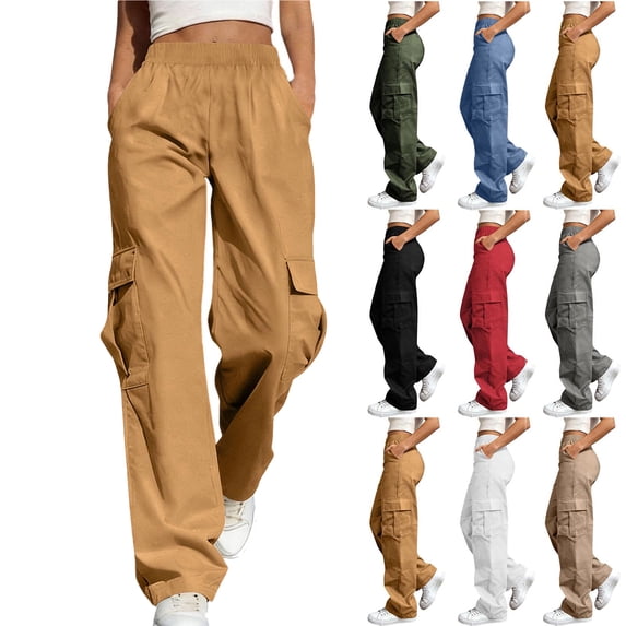 Womens Baggy Y2k Cargo Pants Casual Straight Leg Cargo Pants Solid Color Cargo Work Pants for Outdoor & Hiking With Pockets