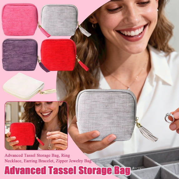 Womens Bags - Tassel Jewelry Storage Bag Organizer, Velvet Pouch for Rings Necklaces Earrings Bracelets, Travel Jewelry Case with Zipper, Gift Bag for Women Gray, 5.1x1.2x4.5"